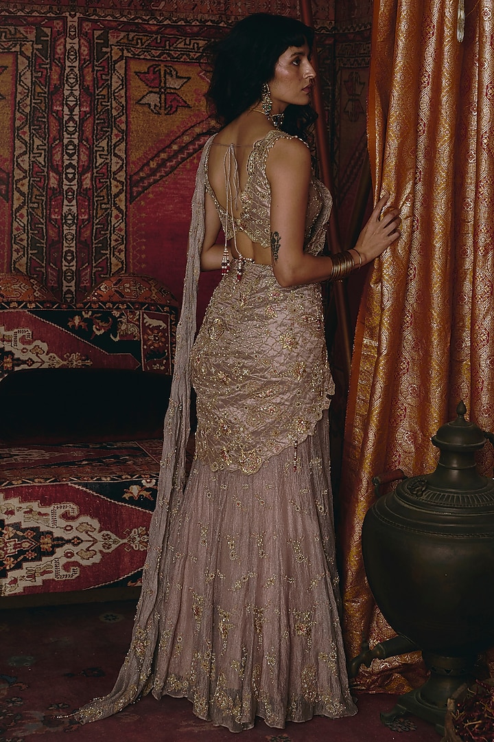 Rose Gold Crushed Tissue Embroidered Draped Reception Saree Set by Aditi Gupta at Pernia's Pop Up Shop