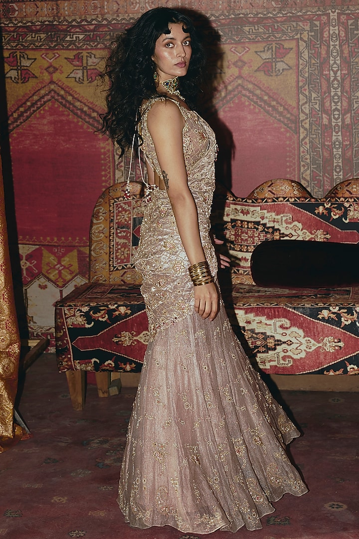 Rose Gold Crushed Tissue Embroidered Draped Reception Saree Set by Aditi Gupta at Pernia's Pop Up Shop