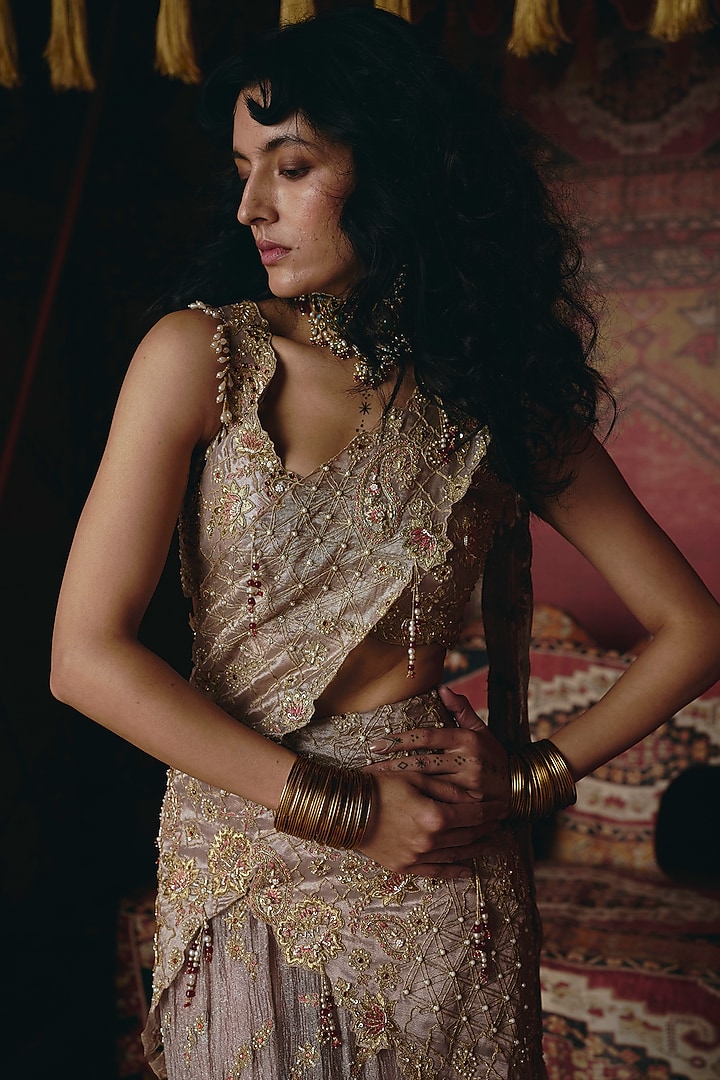 Rose Gold Crushed Tissue Embroidered Draped Reception Saree Set by Aditi Gupta at Pernia's Pop Up Shop