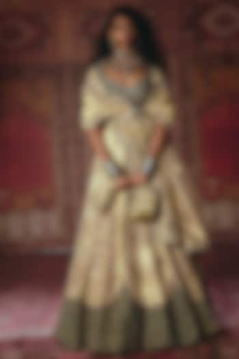 Gold & Dark Green Pure Tissue Embroidered Bridal Lehenga Set by Aditi Gupta at Pernia's Pop Up Shop