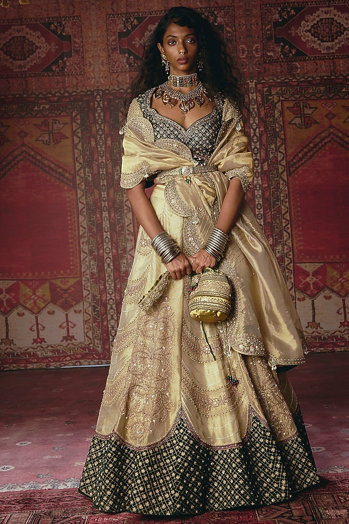 Gold & Dark Green Pure Tissue Embroidered Bridal Lehenga Set by Aditi Gupta at Pernia's Pop Up Shop