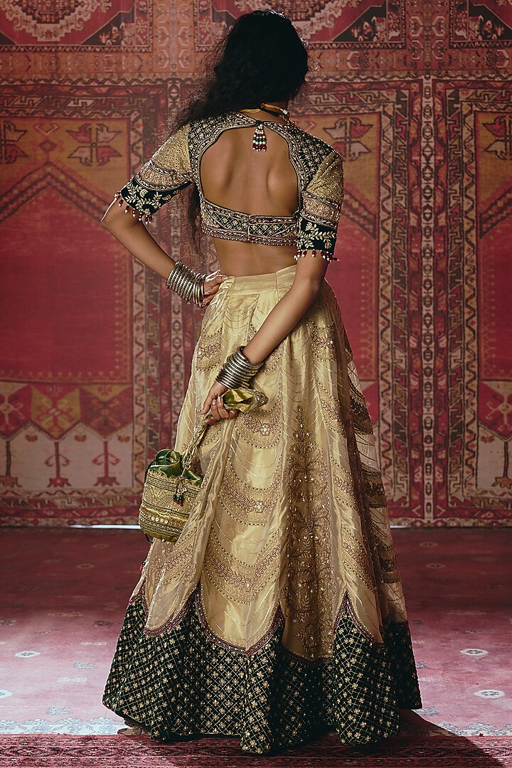 Gold & Dark Green Pure Tissue Embroidered Bridal Lehenga Set by Aditi Gupta at Pernia's Pop Up Shop