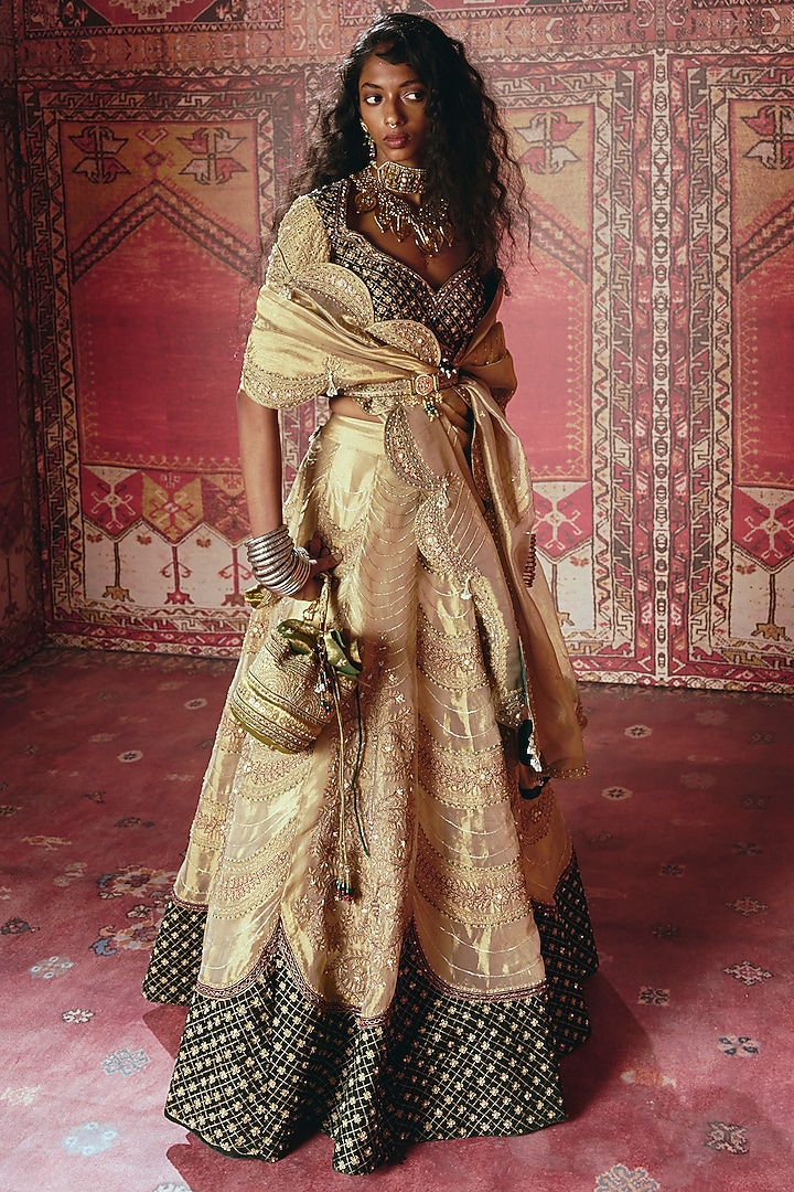 Gold & Dark Green Pure Tissue Embroidered Bridal Lehenga Set by Aditi Gupta at Pernia's Pop Up Shop