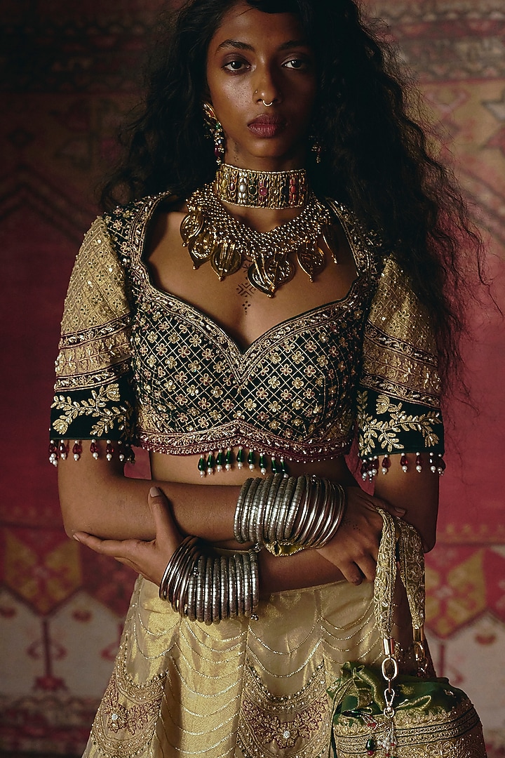 Gold & Dark Green Pure Tissue Embroidered Bridal Lehenga Set by Aditi Gupta at Pernia's Pop Up Shop