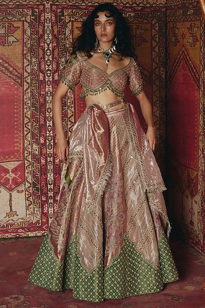Multi-Colored Banarasi & Pure Tissue Floral Embroidered Bridal Lehenga Set by Aditi Gupta at Pernia's Pop Up Shop