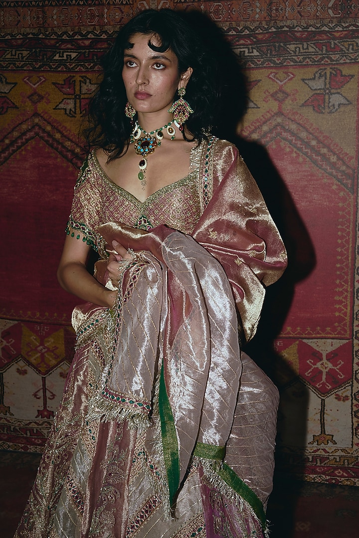 Multi-Colored Banarasi & Pure Tissue Floral Embroidered Bridal Lehenga Set by Aditi Gupta at Pernia's Pop Up Shop