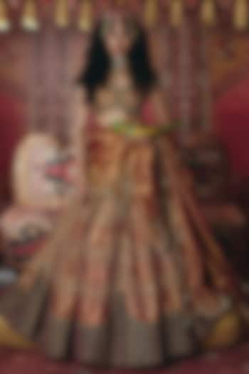 Rust Orange & Maroon Pure Tissue Embroidered Bridal Lehenga Set by Aditi Gupta at Pernia's Pop Up Shop