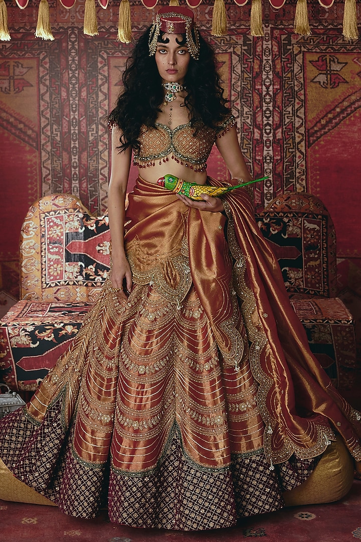 Rust Orange & Maroon Pure Tissue Embroidered Bridal Lehenga Set by Aditi Gupta at Pernia's Pop Up Shop