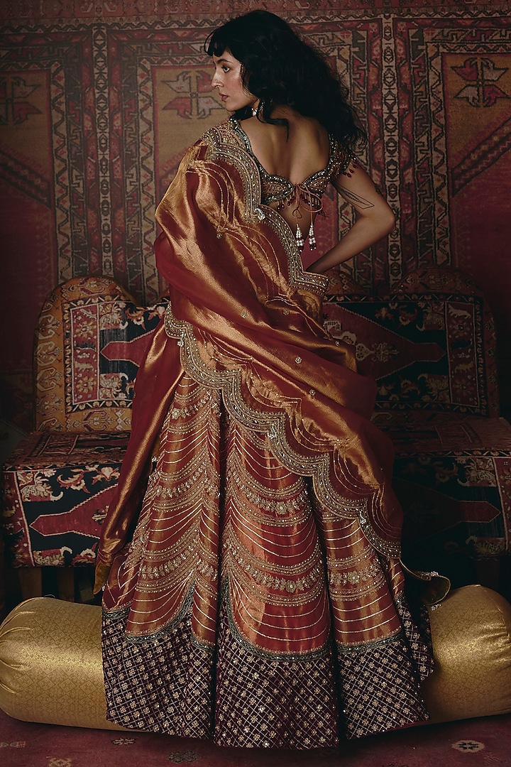 Rust Orange & Maroon Pure Tissue Embroidered Bridal Lehenga Set by Aditi Gupta at Pernia's Pop Up Shop