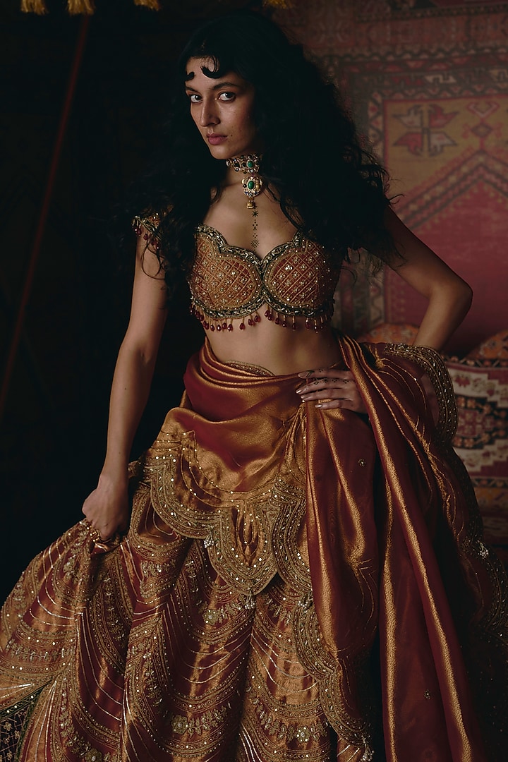 Rust Orange & Maroon Pure Tissue Embroidered Bridal Lehenga Set by Aditi Gupta at Pernia's Pop Up Shop
