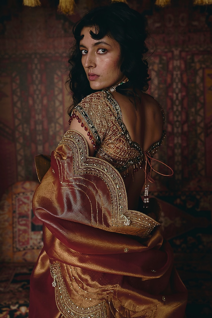 Rust Orange & Maroon Pure Tissue Embroidered Bridal Lehenga Set by Aditi Gupta at Pernia's Pop Up Shop