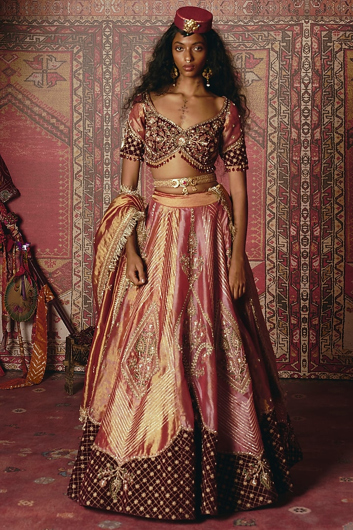 Blush Pink & Maroon Pure Tissue Floral Embroidered Bridal Lehenga Set by Aditi Gupta at Pernia's Pop Up Shop