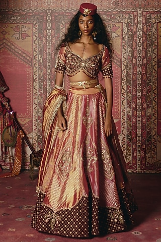 Blush Pink & Maroon Pure Tissue Floral Embroidered Lehenga Set by Aditi Gupta