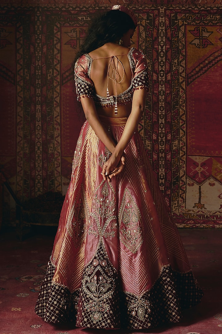 Blush Pink & Maroon Pure Tissue Floral Embroidered Bridal Lehenga Set by Aditi Gupta at Pernia's Pop Up Shop