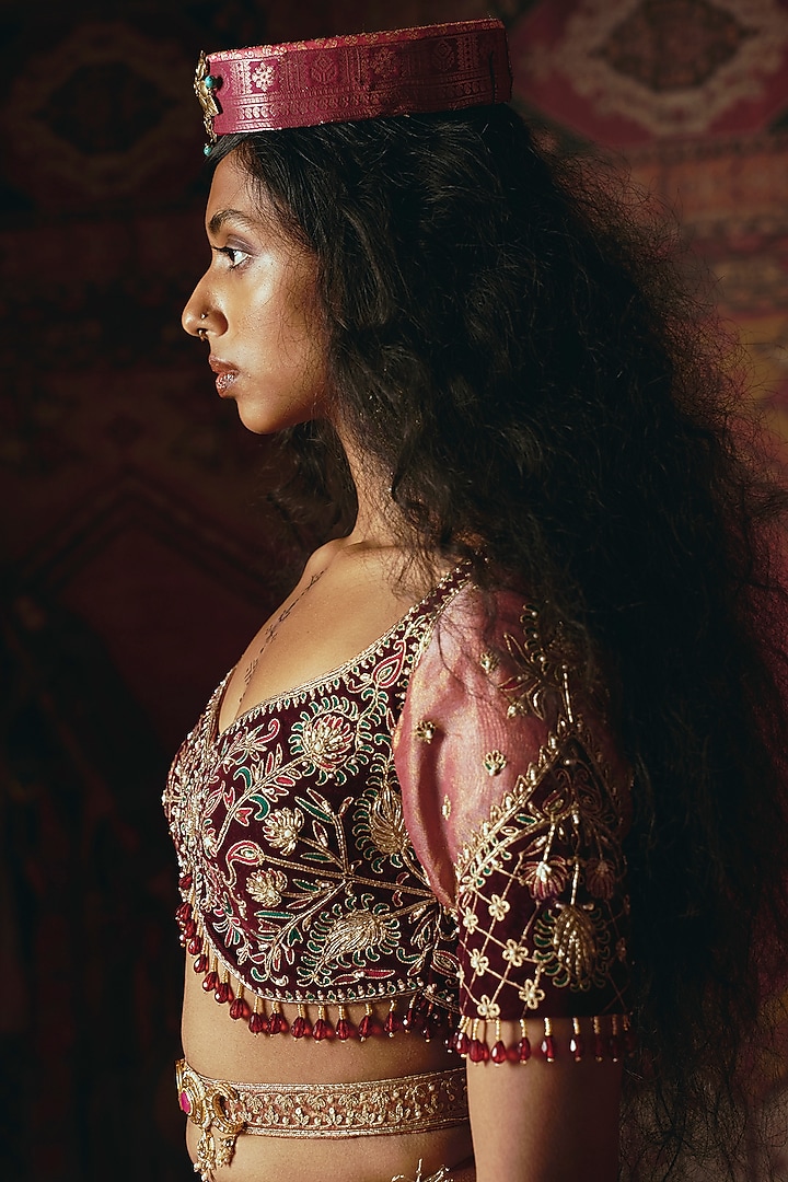 Blush Pink & Maroon Pure Tissue Floral Embroidered Bridal Lehenga Set by Aditi Gupta at Pernia's Pop Up Shop