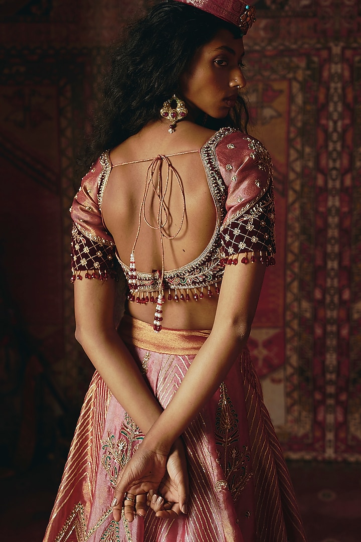 Blush Pink & Maroon Pure Tissue Floral Embroidered Bridal Lehenga Set by Aditi Gupta at Pernia's Pop Up Shop