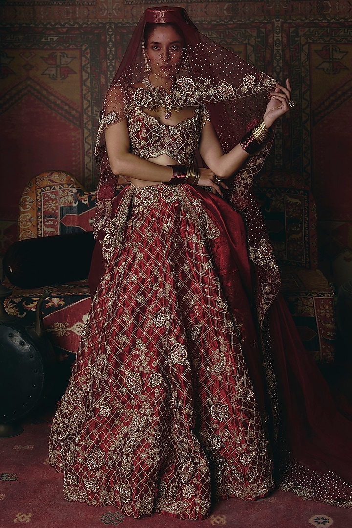 Maroon Pure Tissue 3D Floral Embroidered Bridal Lehenga Set by Aditi Gupta at Pernia's Pop Up Shop