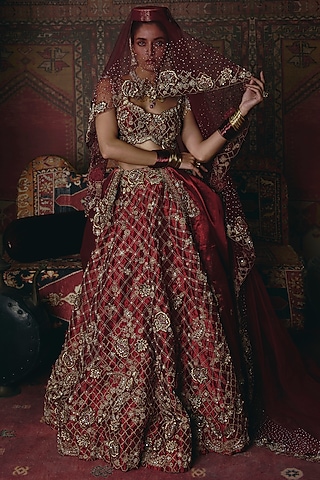 Maroon Pure Tissue 3D Floral Embroidered Lehenga Set by Aditi Gupta
