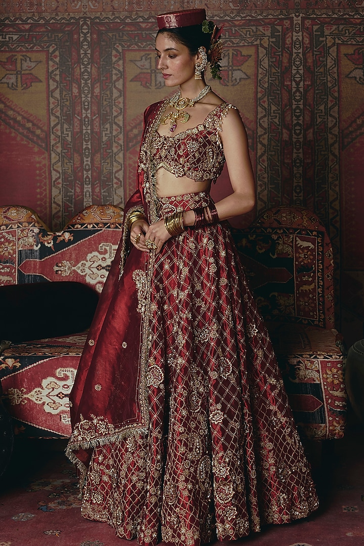 Maroon Pure Tissue 3D Floral Embroidered Bridal Lehenga Set by Aditi Gupta at Pernia's Pop Up Shop