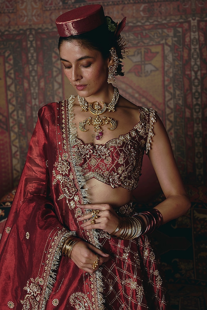 Maroon Pure Tissue 3D Floral Embroidered Bridal Lehenga Set by Aditi Gupta at Pernia's Pop Up Shop