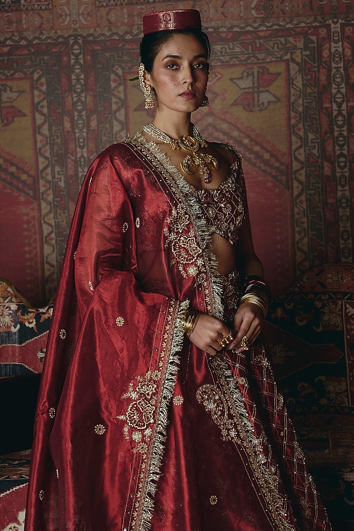Maroon Pure Tissue 3D Floral Embroidered Bridal Lehenga Set by Aditi Gupta at Pernia's Pop Up Shop