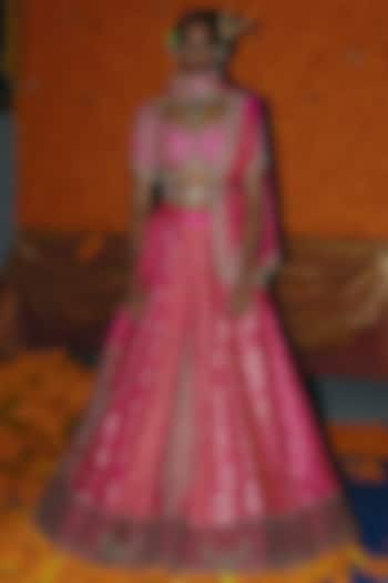 Hot Pink & Peach Banarasi Silk Zardosi Emrbroidered Bridal Lehenga Set by Aditi Gupta at Pernia's Pop Up Shop