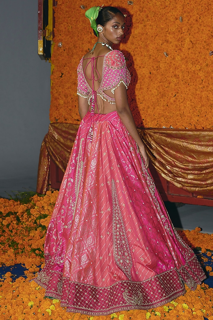 Hot Pink & Peach Banarasi Silk Zardosi Emrbroidered Bridal Lehenga Set by Aditi Gupta at Pernia's Pop Up Shop
