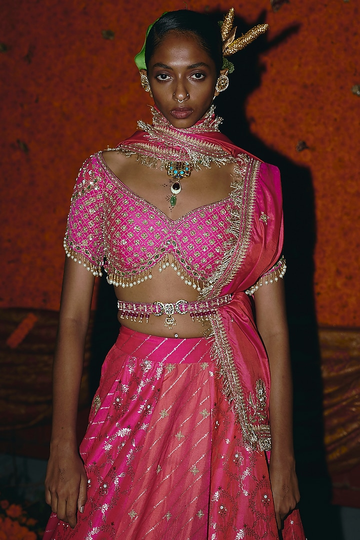 Hot Pink & Peach Banarasi Silk Zardosi Emrbroidered Bridal Lehenga Set by Aditi Gupta at Pernia's Pop Up Shop