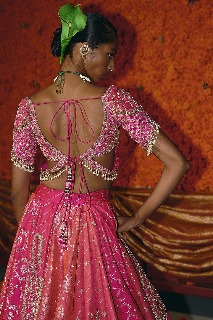 Hot Pink & Peach Banarasi Silk Zardosi Emrbroidered Bridal Lehenga Set by Aditi Gupta at Pernia's Pop Up Shop