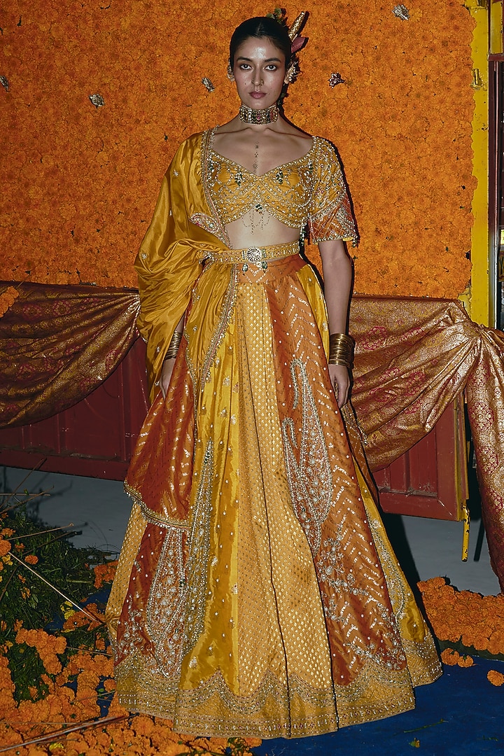 Yellow & Ochre Banarsi Silk Zardosi Embroidered Bridal Lehenga Set by Aditi Gupta at Pernia's Pop Up Shop
