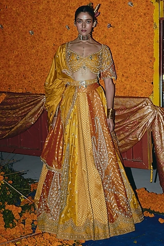 Yellow & Ochre Banarsi Silk Zardosi Embroidered Lehenga Set by Aditi Gupta