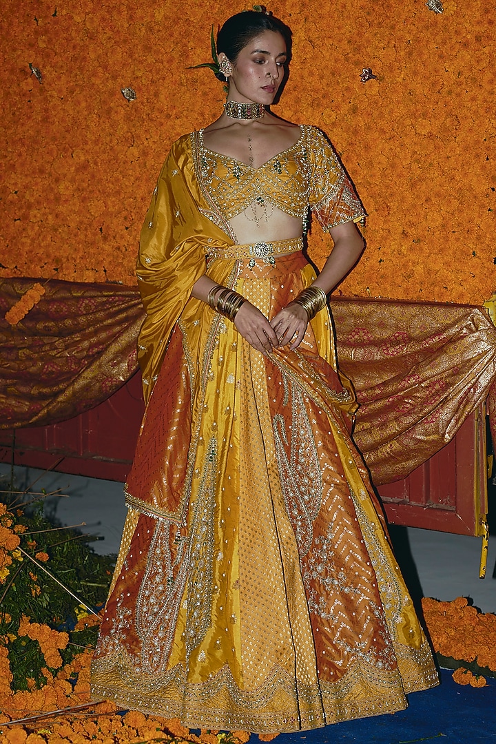Yellow & Ochre Banarsi Silk Zardosi Embroidered Bridal Lehenga Set by Aditi Gupta at Pernia's Pop Up Shop