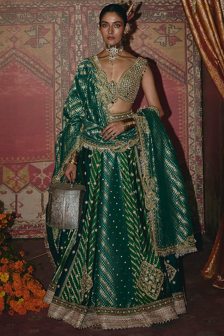 Green & Teal Banarasi Silk Zardosi Emrbroidered Bridal Lehenga Set by Aditi Gupta at Pernia's Pop Up Shop