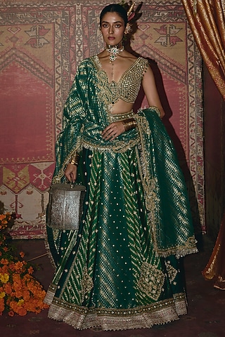 Green & Teal Banarasi Silk Zardosi Emrbroidered Lehenga Set by Aditi Gupta