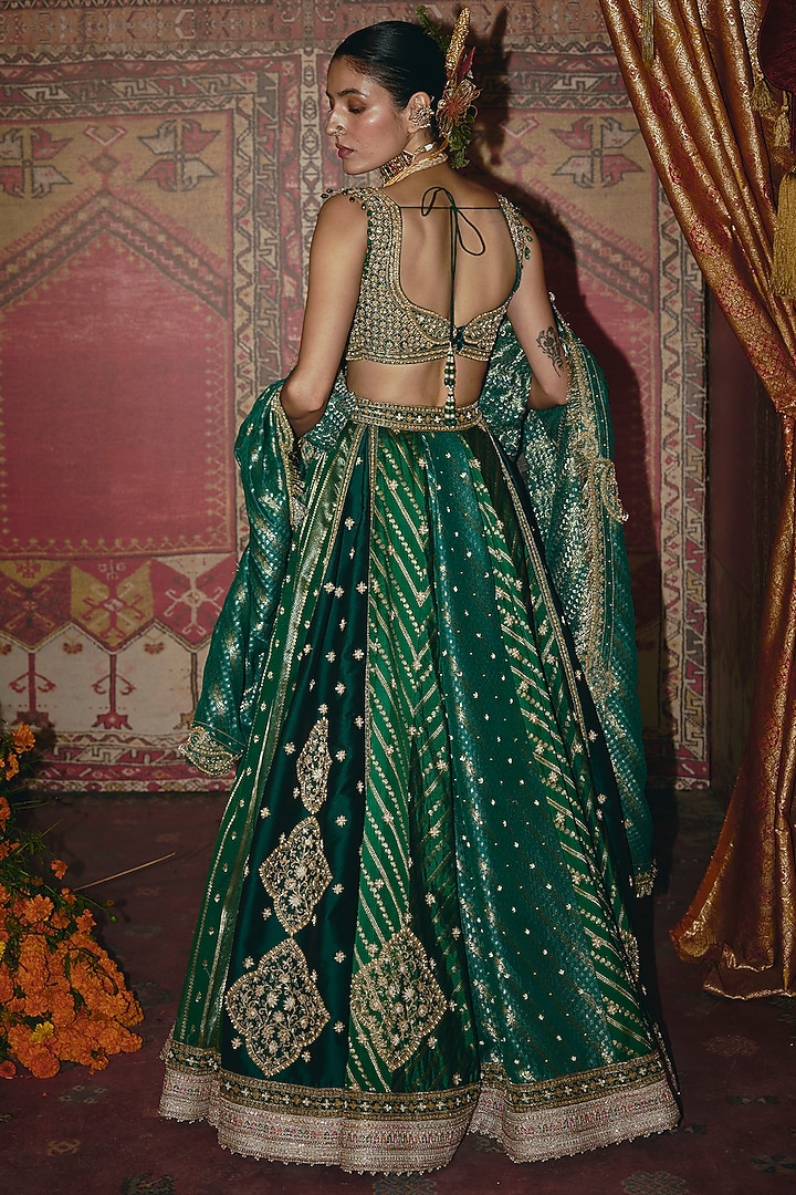 Green & Teal Banarasi Silk Zardosi Emrbroidered Bridal Lehenga Set by Aditi Gupta at Pernia's Pop Up Shop