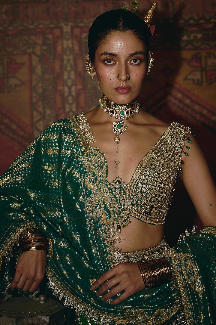 Green & Teal Banarasi Silk Zardosi Emrbroidered Bridal Lehenga Set by Aditi Gupta at Pernia's Pop Up Shop
