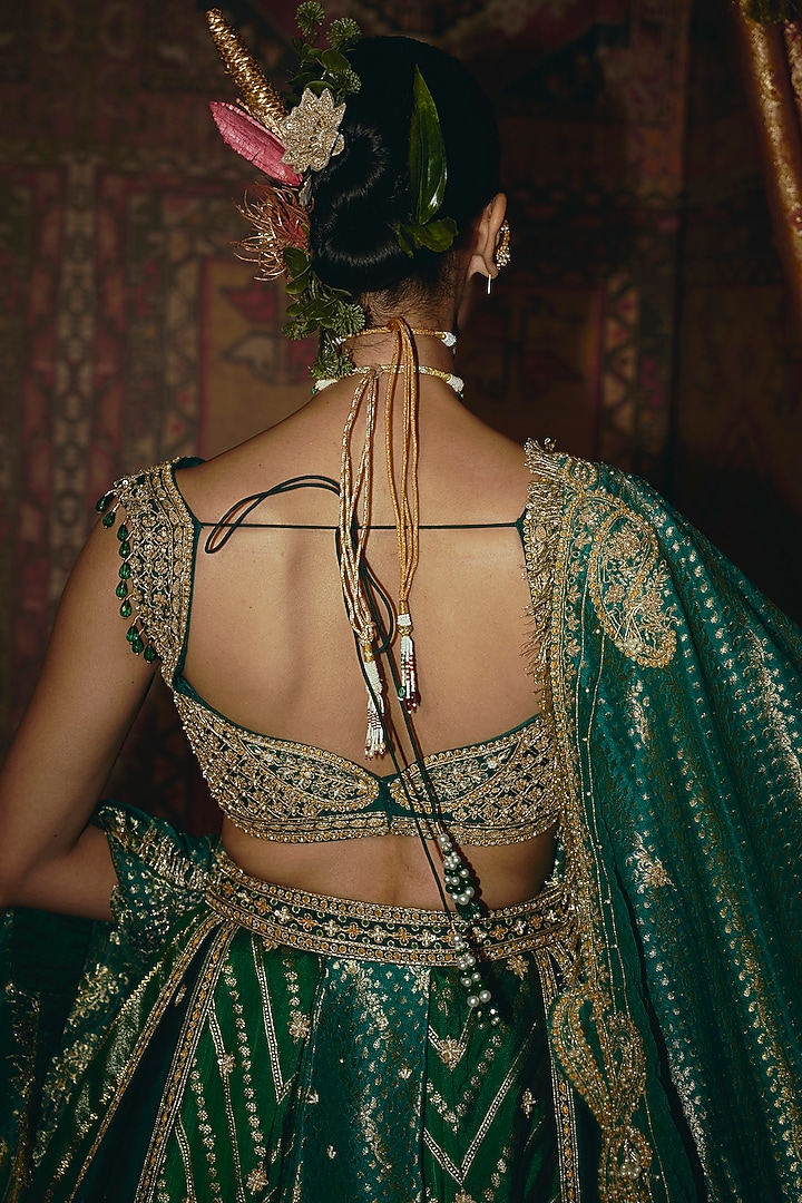 Green & Teal Banarasi Silk Zardosi Emrbroidered Bridal Lehenga Set by Aditi Gupta at Pernia's Pop Up Shop