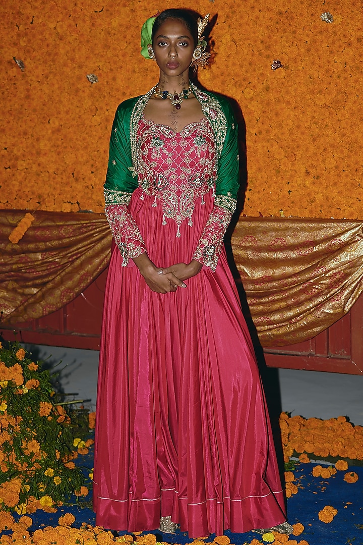 Hot Pink & Green Soft Silk Zardosi Embroidered Bridal Anarkali Set by Aditi Gupta at Pernia's Pop Up Shop