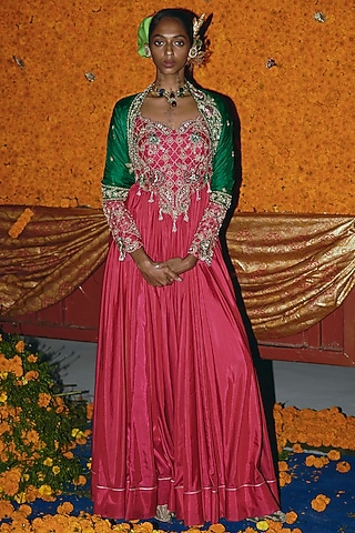 Hot Pink & Green Soft Silk Zardosi Embroidered Anarkali Set by Aditi Gupta
