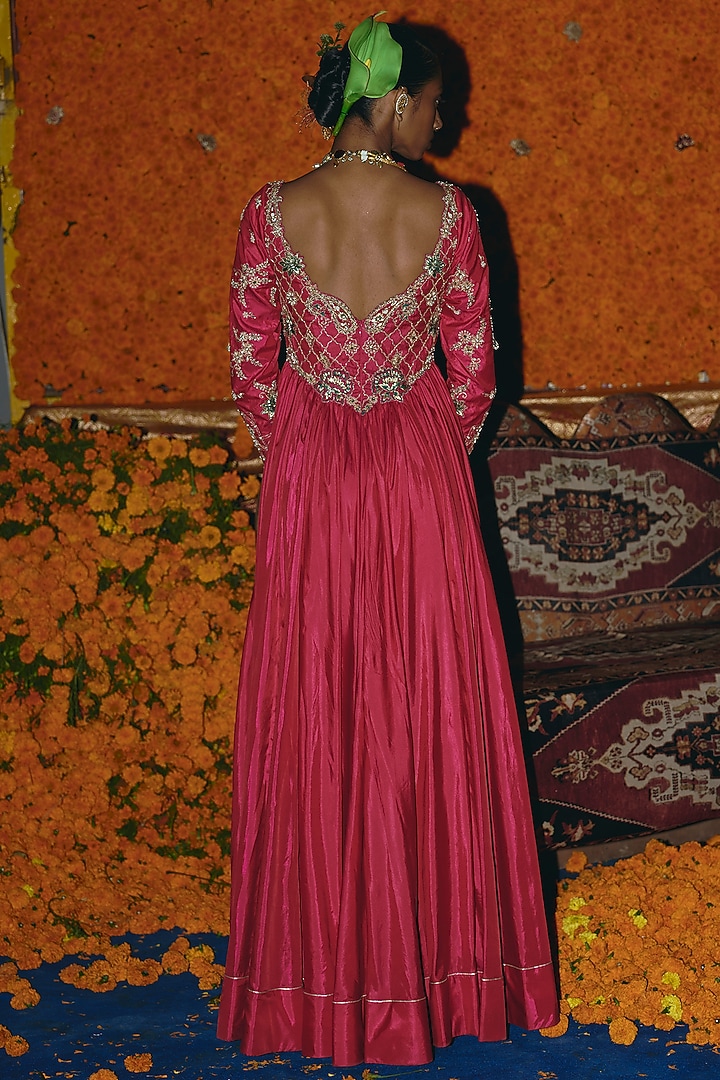 Hot Pink & Green Soft Silk Zardosi Embroidered Bridal Anarkali Set by Aditi Gupta at Pernia's Pop Up Shop