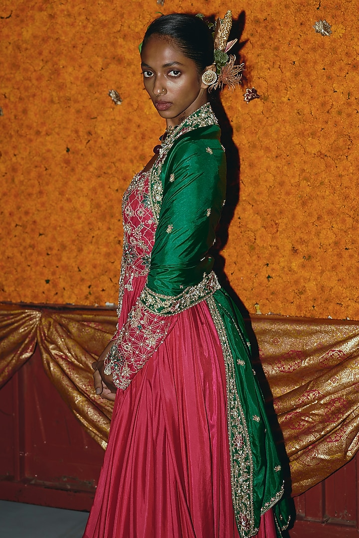Hot Pink & Green Soft Silk Zardosi Embroidered Bridal Anarkali Set by Aditi Gupta at Pernia's Pop Up Shop
