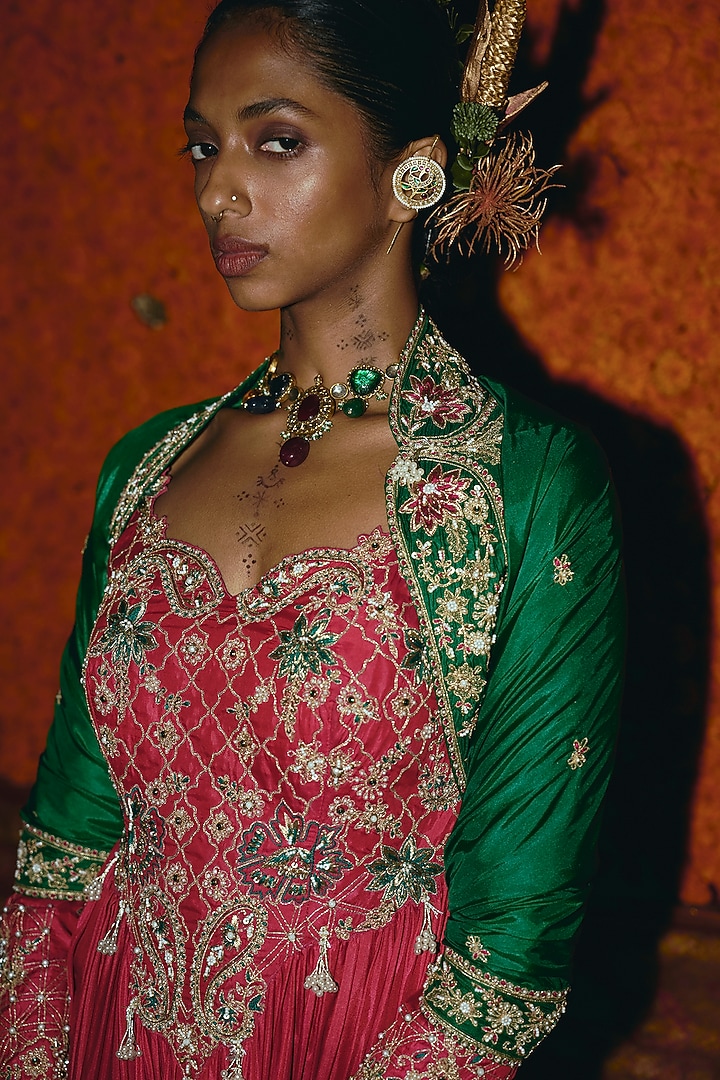 Hot Pink & Green Soft Silk Zardosi Embroidered Bridal Anarkali Set by Aditi Gupta at Pernia's Pop Up Shop