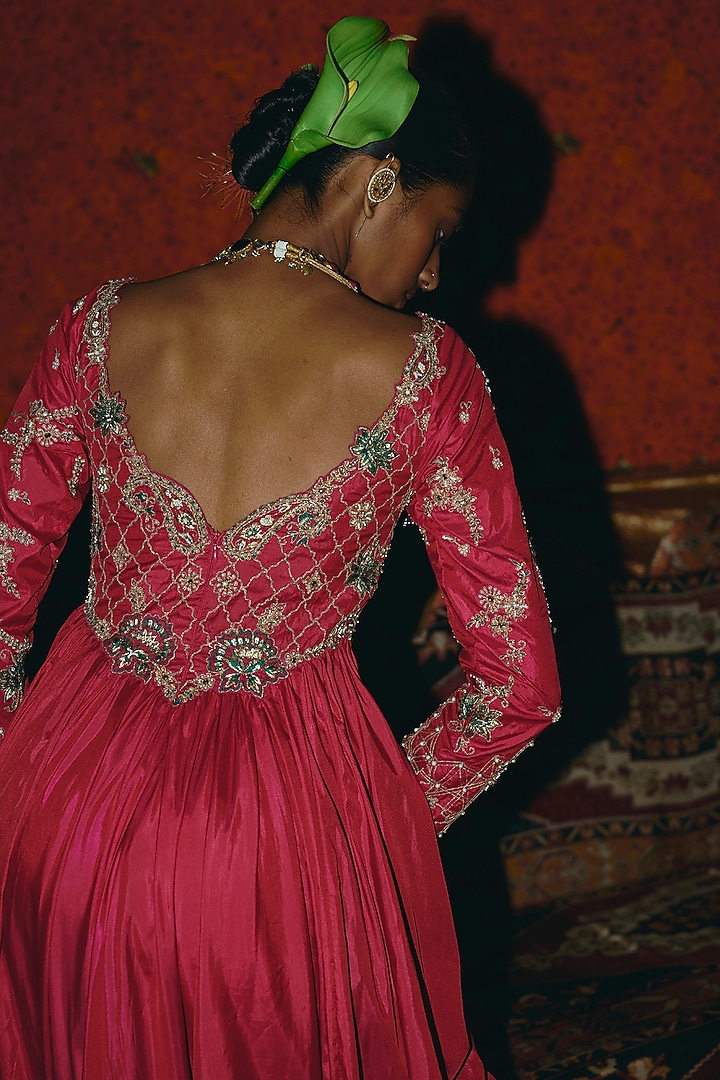 Hot Pink & Green Soft Silk Zardosi Embroidered Bridal Anarkali Set by Aditi Gupta at Pernia's Pop Up Shop