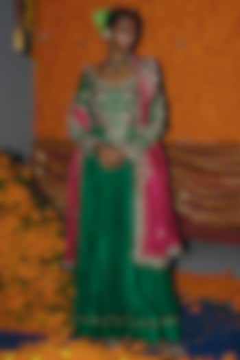 Green & Hot Pink Soft Silk Zardosi Embroidered Bridal Anarkali Set by Aditi Gupta at Pernia's Pop Up Shop