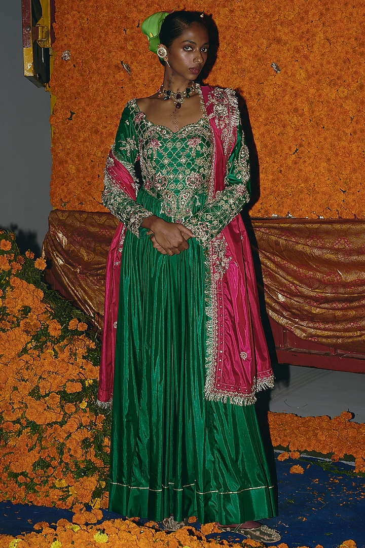 Green & Hot Pink Soft Silk Zardosi Embroidered Bridal Anarkali Set by Aditi Gupta at Pernia's Pop Up Shop