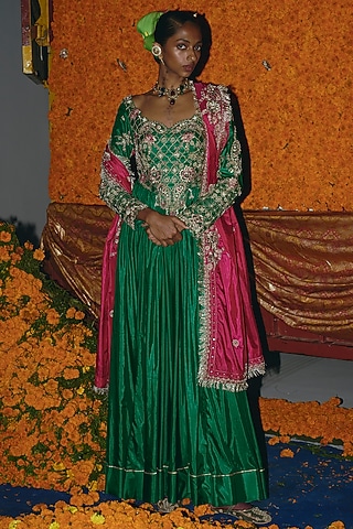 Green & Hot Pink Soft Silk Zardosi Embroidered Anarkali Set by Aditi Gupta