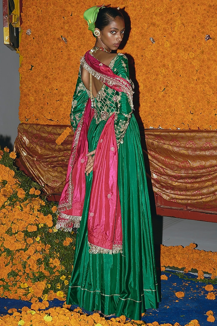 Green & Hot Pink Soft Silk Zardosi Embroidered Bridal Anarkali Set by Aditi Gupta at Pernia's Pop Up Shop