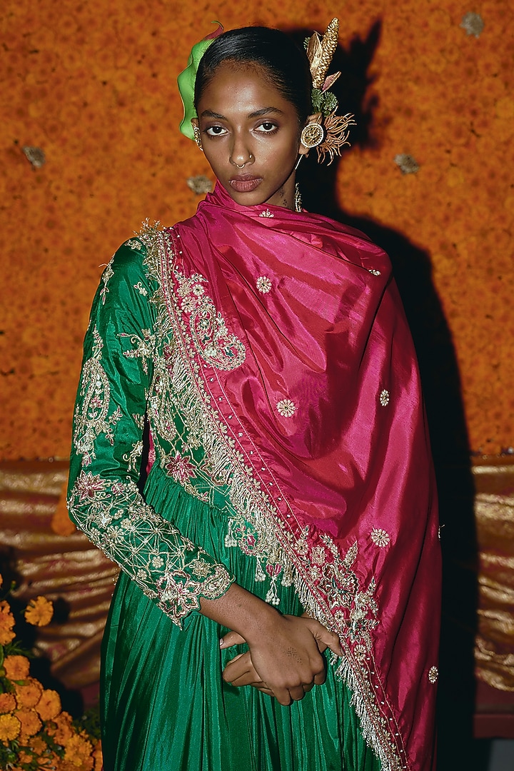 Green & Hot Pink Soft Silk Zardosi Embroidered Bridal Anarkali Set by Aditi Gupta at Pernia's Pop Up Shop