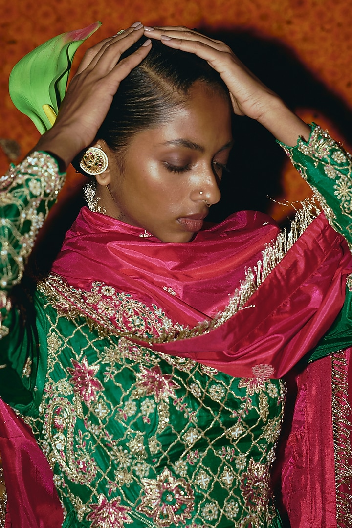 Green & Hot Pink Soft Silk Zardosi Embroidered Bridal Anarkali Set by Aditi Gupta at Pernia's Pop Up Shop