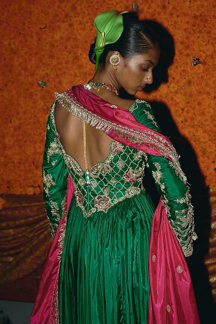 Green & Hot Pink Soft Silk Zardosi Embroidered Bridal Anarkali Set by Aditi Gupta at Pernia's Pop Up Shop